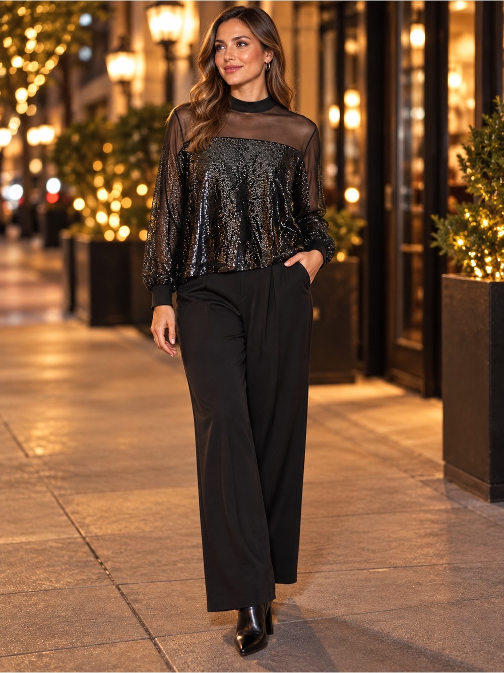 A39. Nine West Women's Black Sequin Mesh Blouse